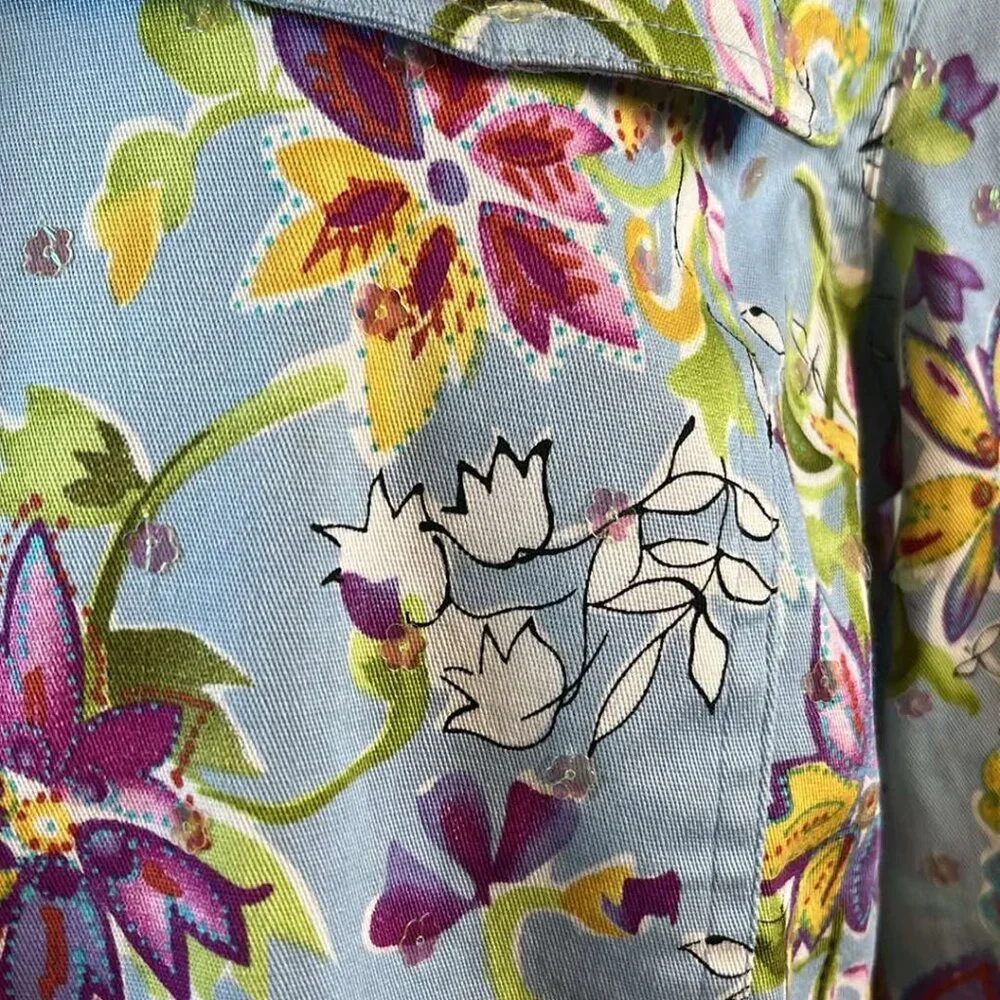 REDD Jeans Jacket Women's Sz 8 Blue Floral Iridescent Sequins Y2K Vtg Colorful A